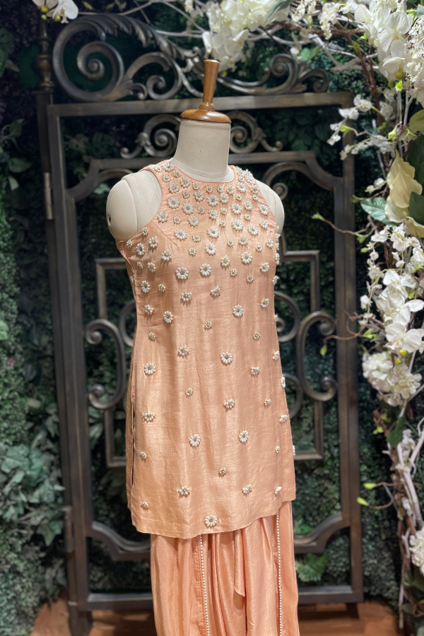 Peach Pearl Embroidered Kurta Sharara Set