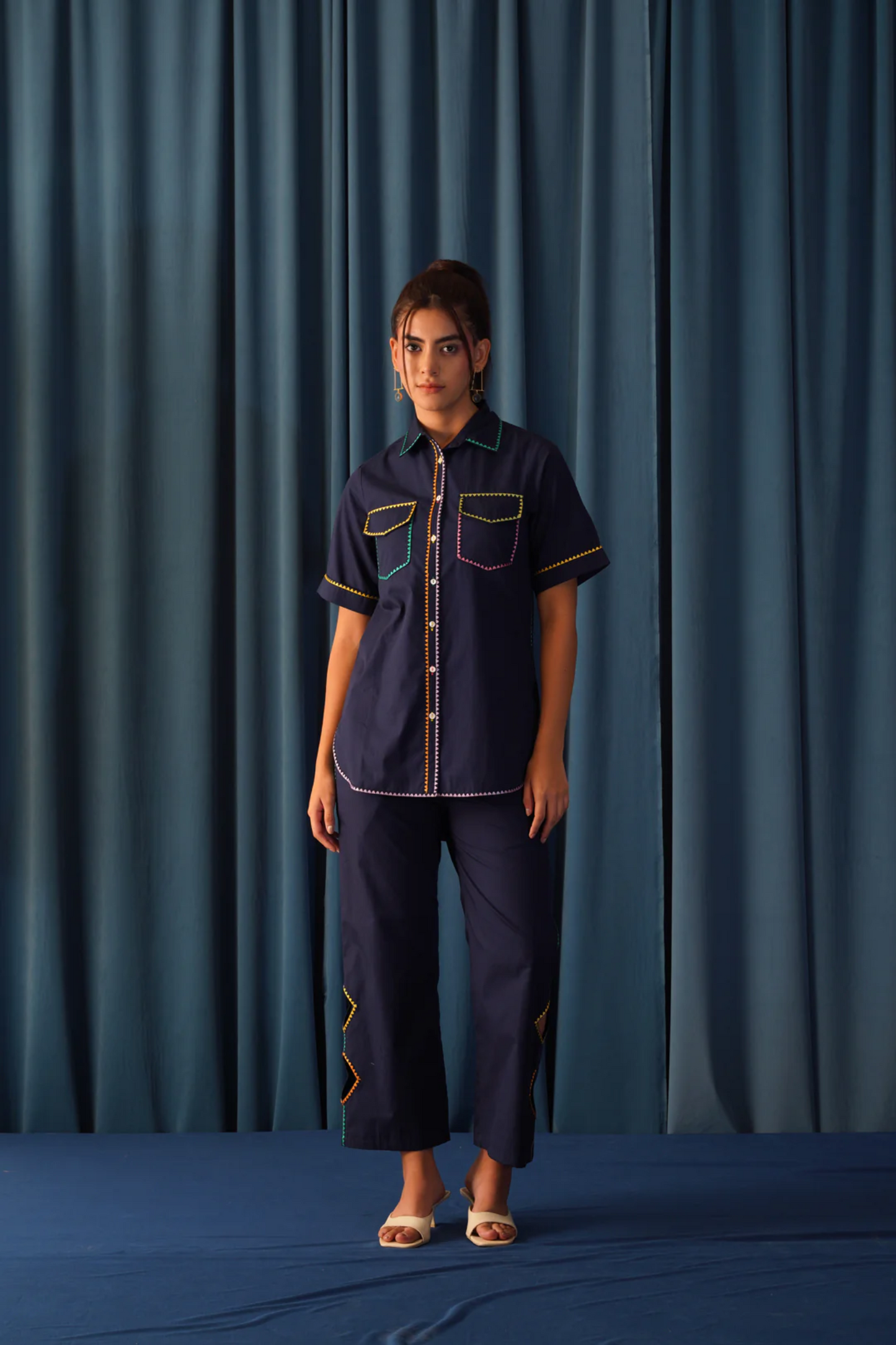 Isabella Navy Blue Cutout Embroidered Co-ord Set