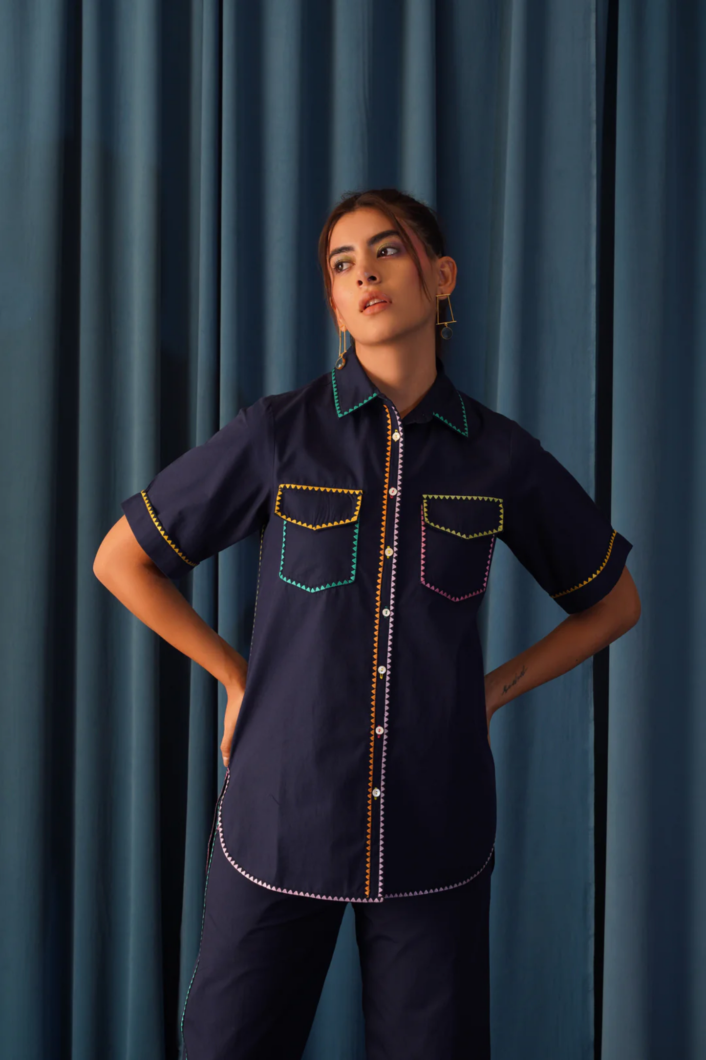 Isabella Navy Blue Cutout Embroidered Co-ord Set