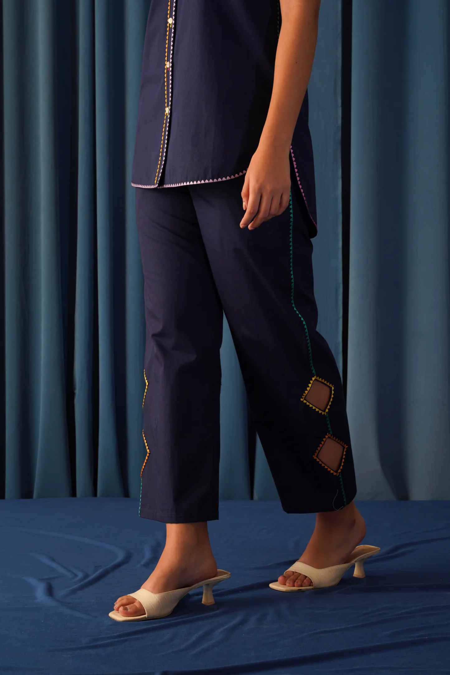 Isabella Navy Blue Cutout Embroidered Co-ord Set