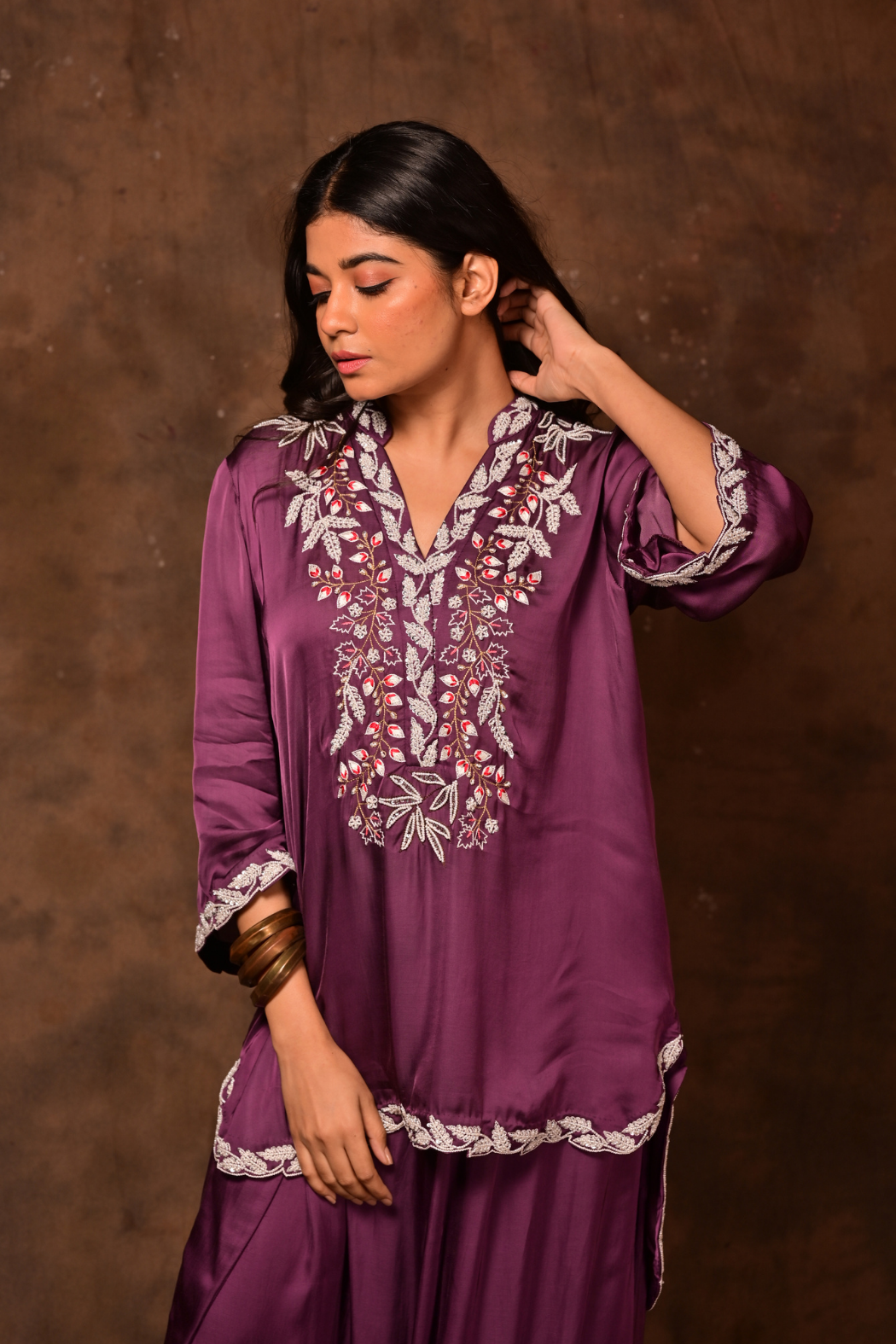 Purple Fizaz Embroidery Co-ord Set
