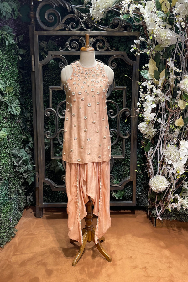Peach Pearl Embroidered Kurta Sharara Set
