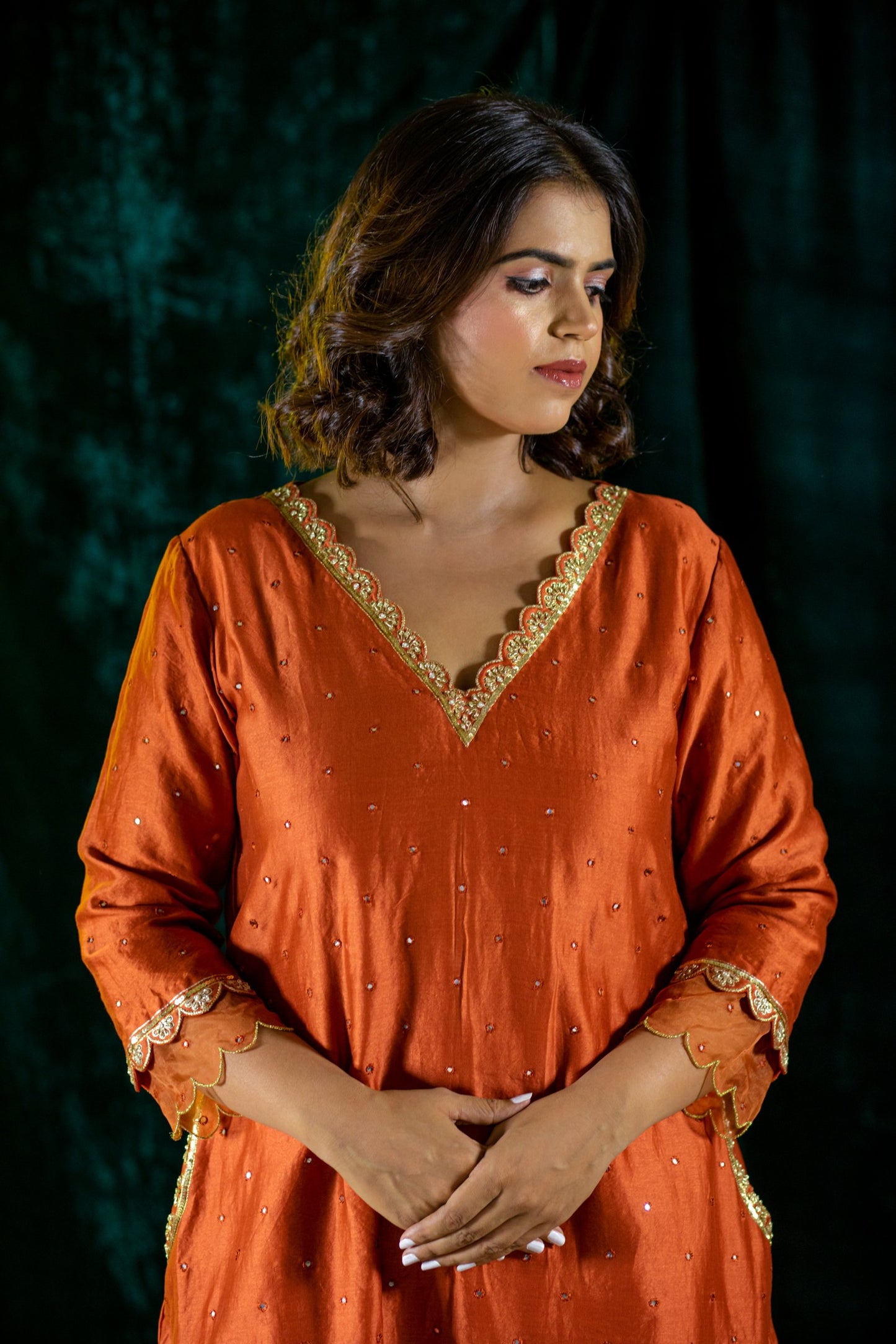 Rust Chanderi Kurta Set with pockets