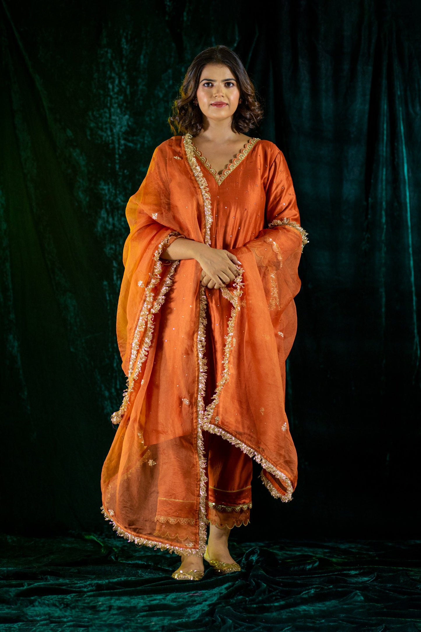 Rust Chanderi Kurta Set with pockets