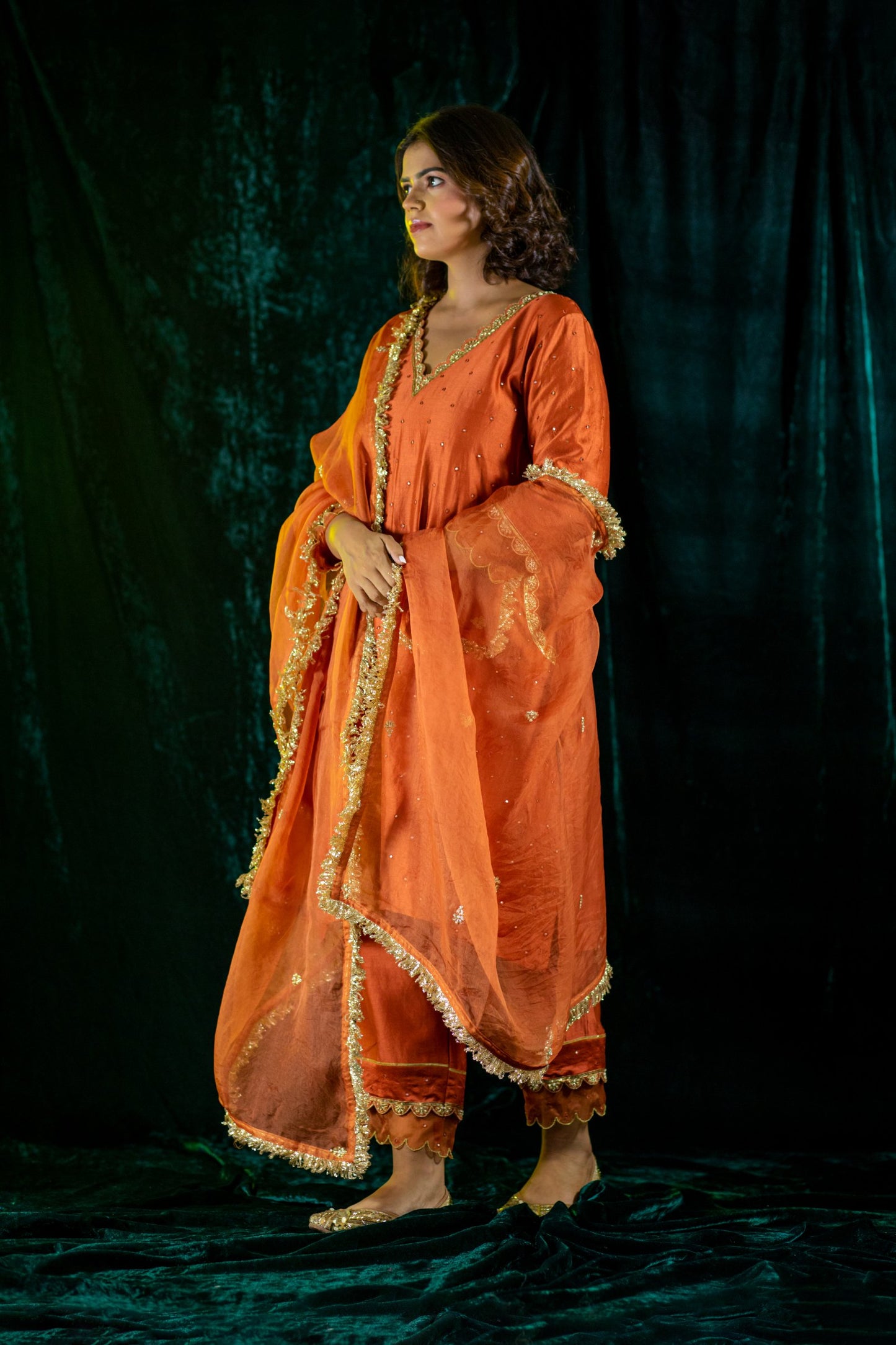 Rust Chanderi Kurta Set with pockets