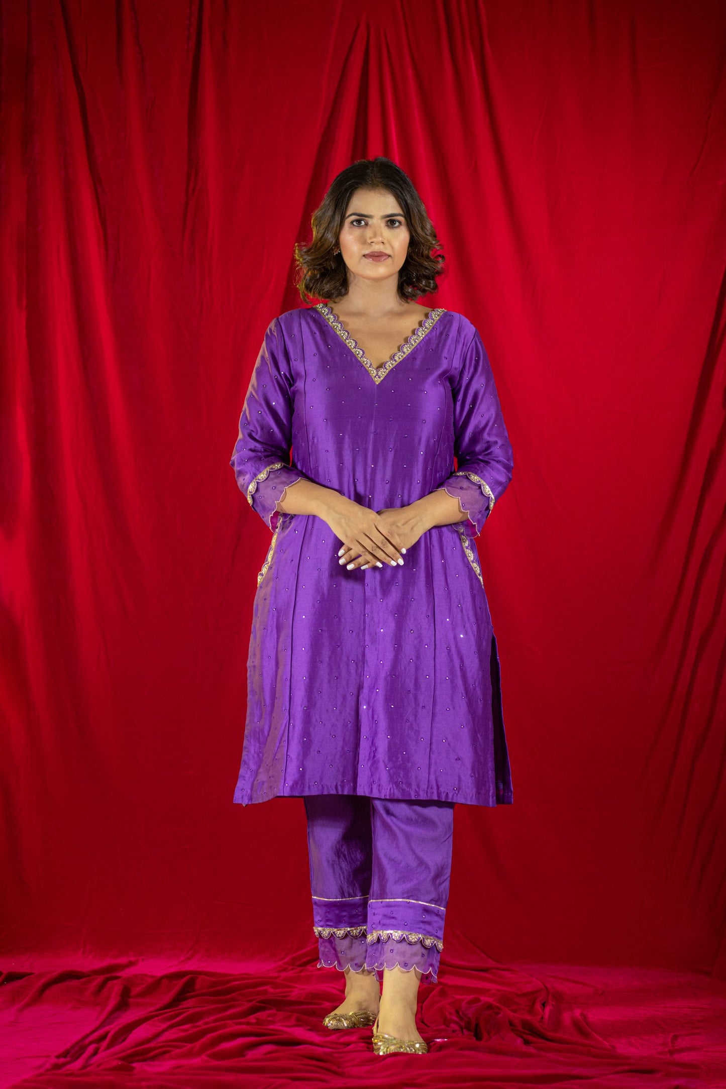 Purple Chanderi Kurta Set with pockets