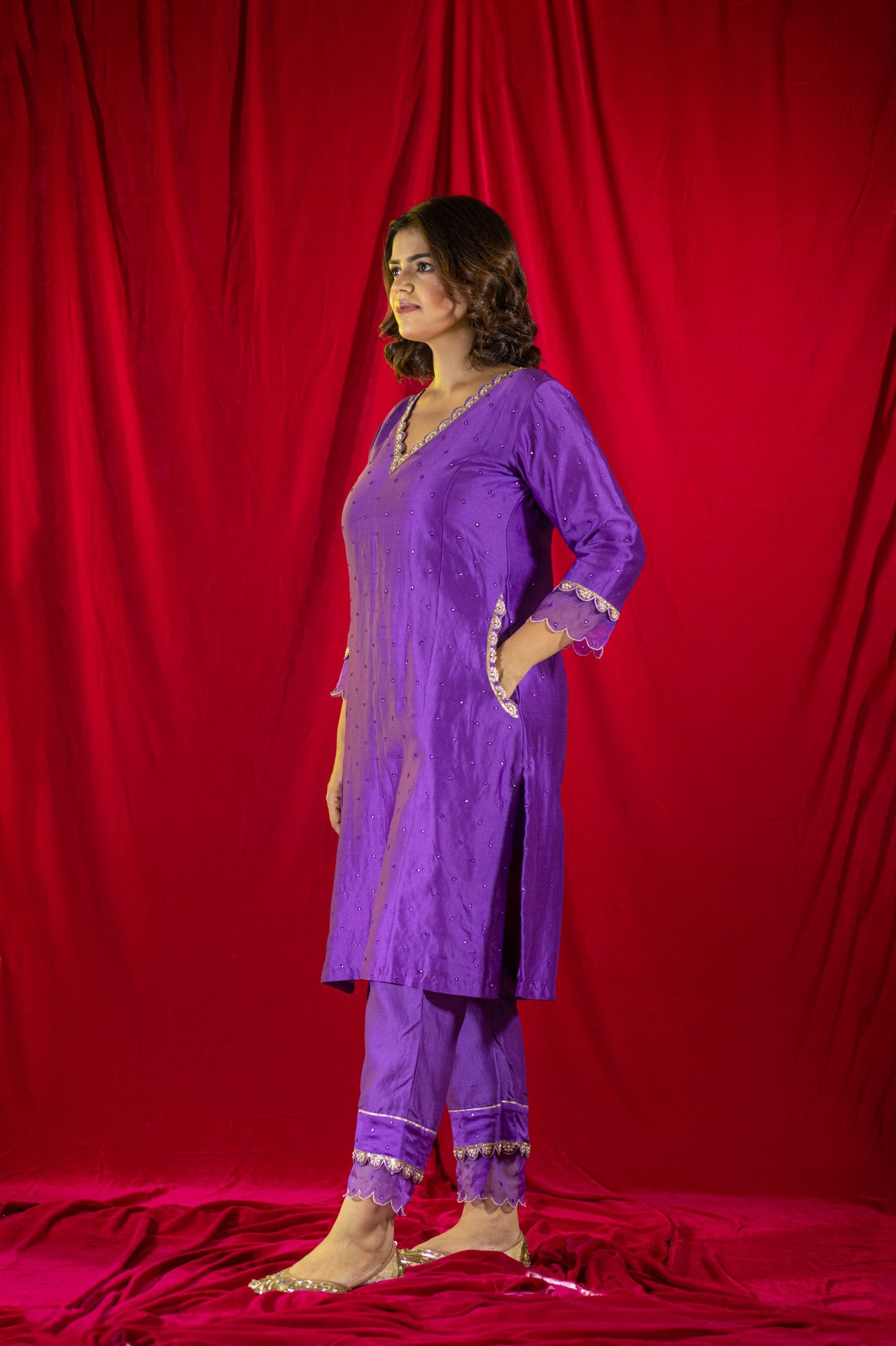 Purple Chanderi Kurta Set with pockets