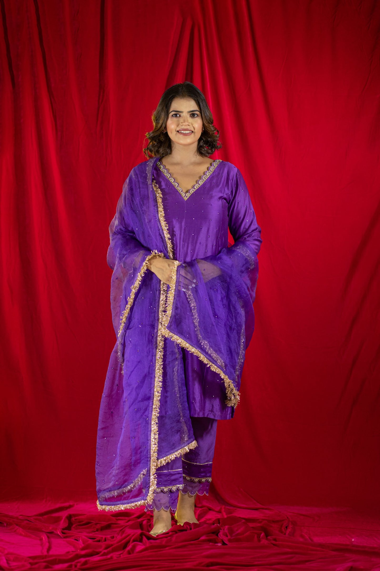Purple Chanderi Kurta Set with pockets