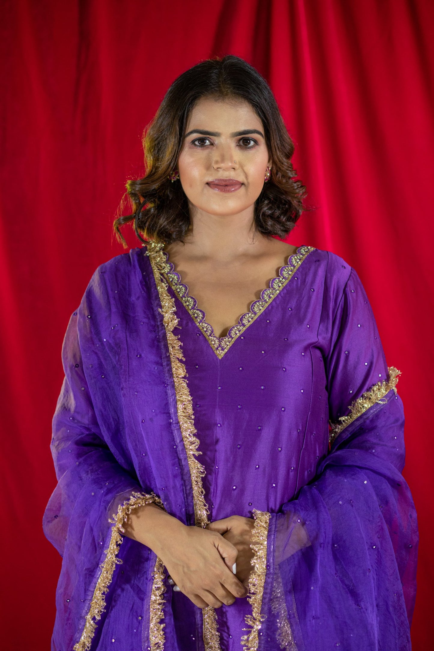 Purple Chanderi Kurta Set with pockets