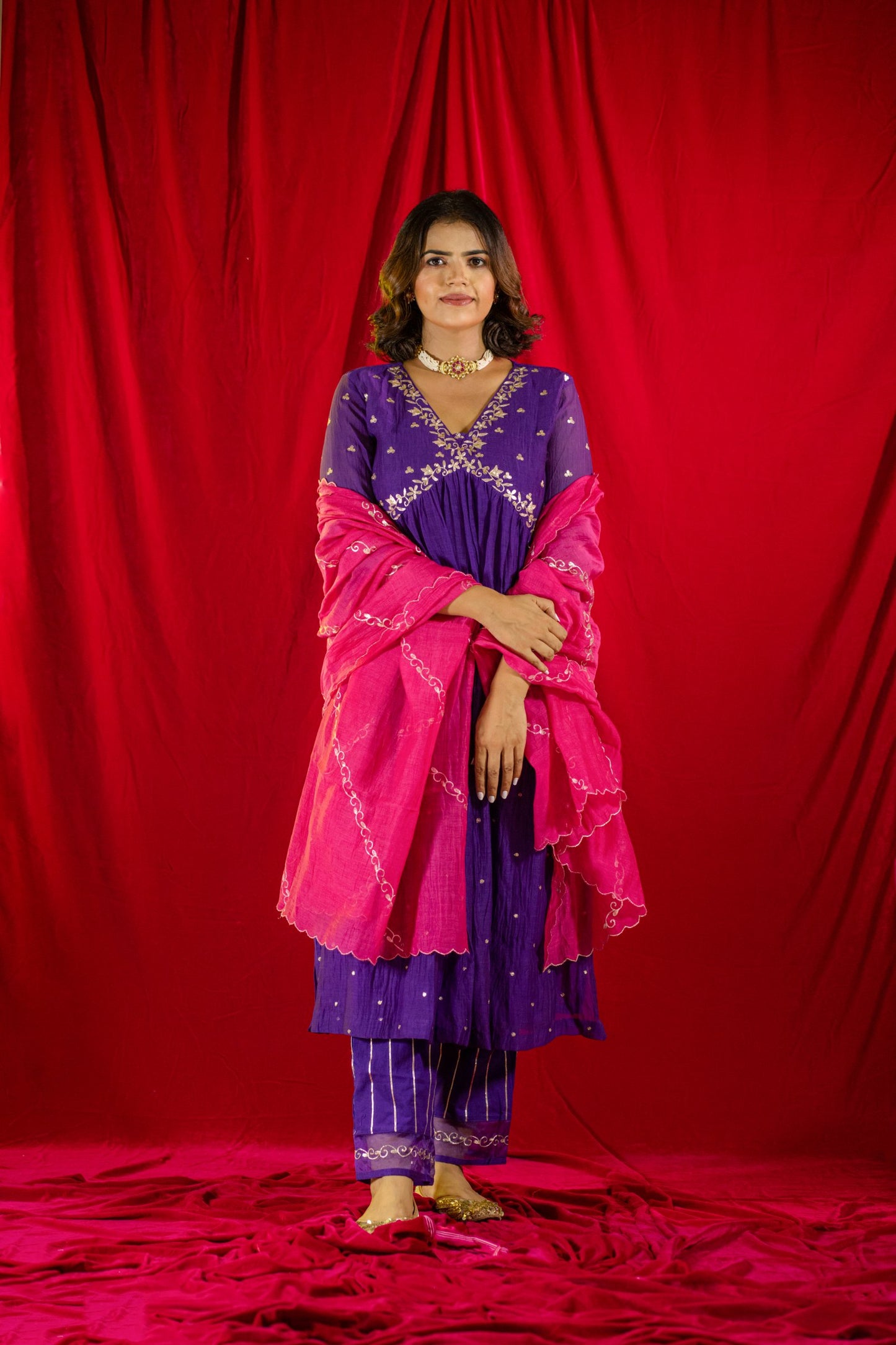 Purple V Neck Kurta Set