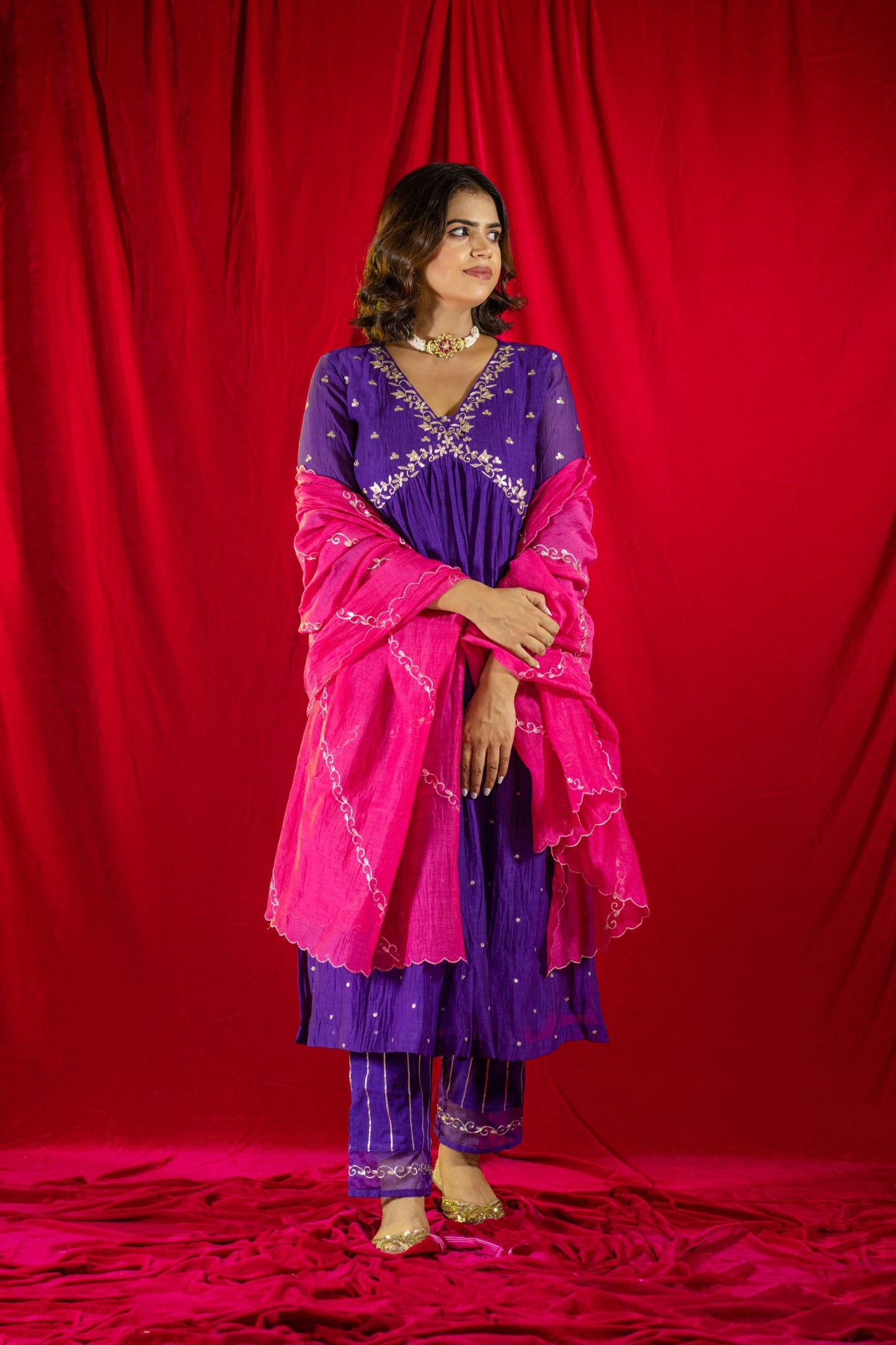 Purple V Neck Kurta Set