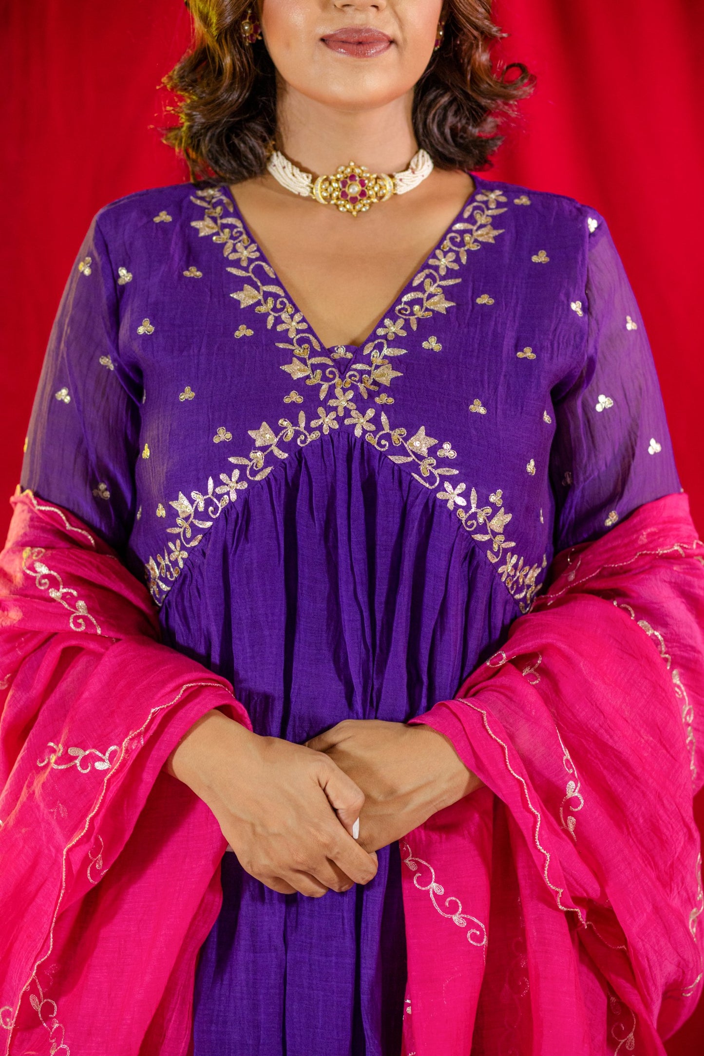 Purple V Neck Kurta Set