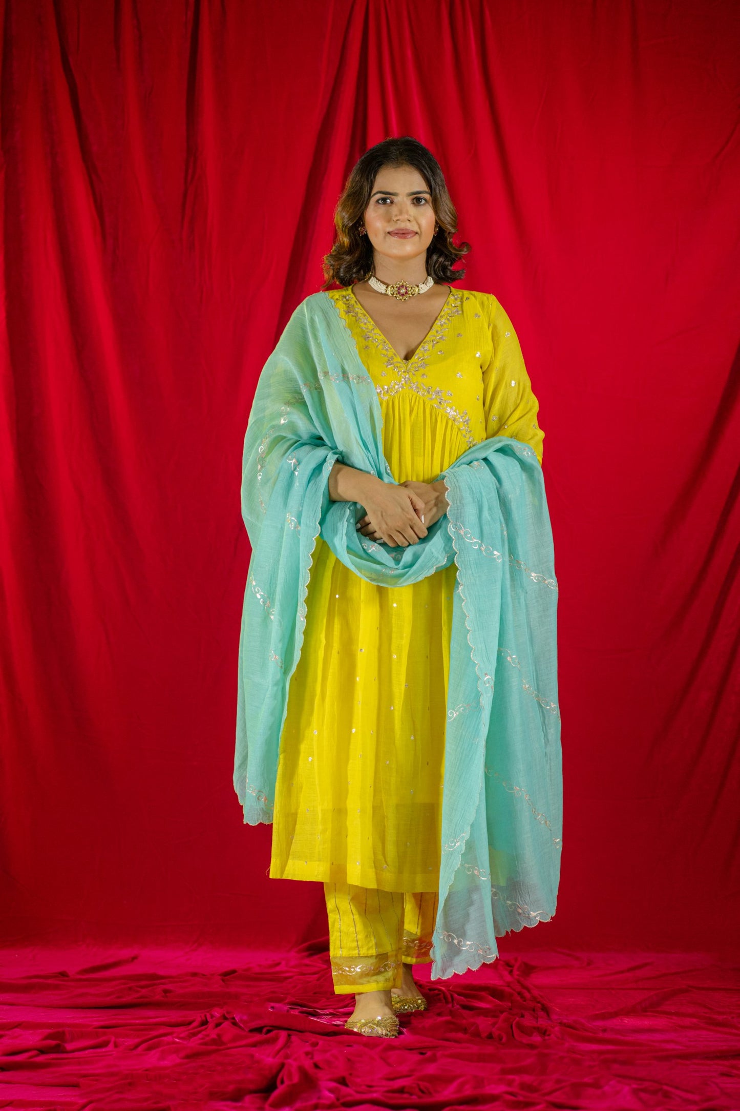 Yellow V Neck Kurta Set