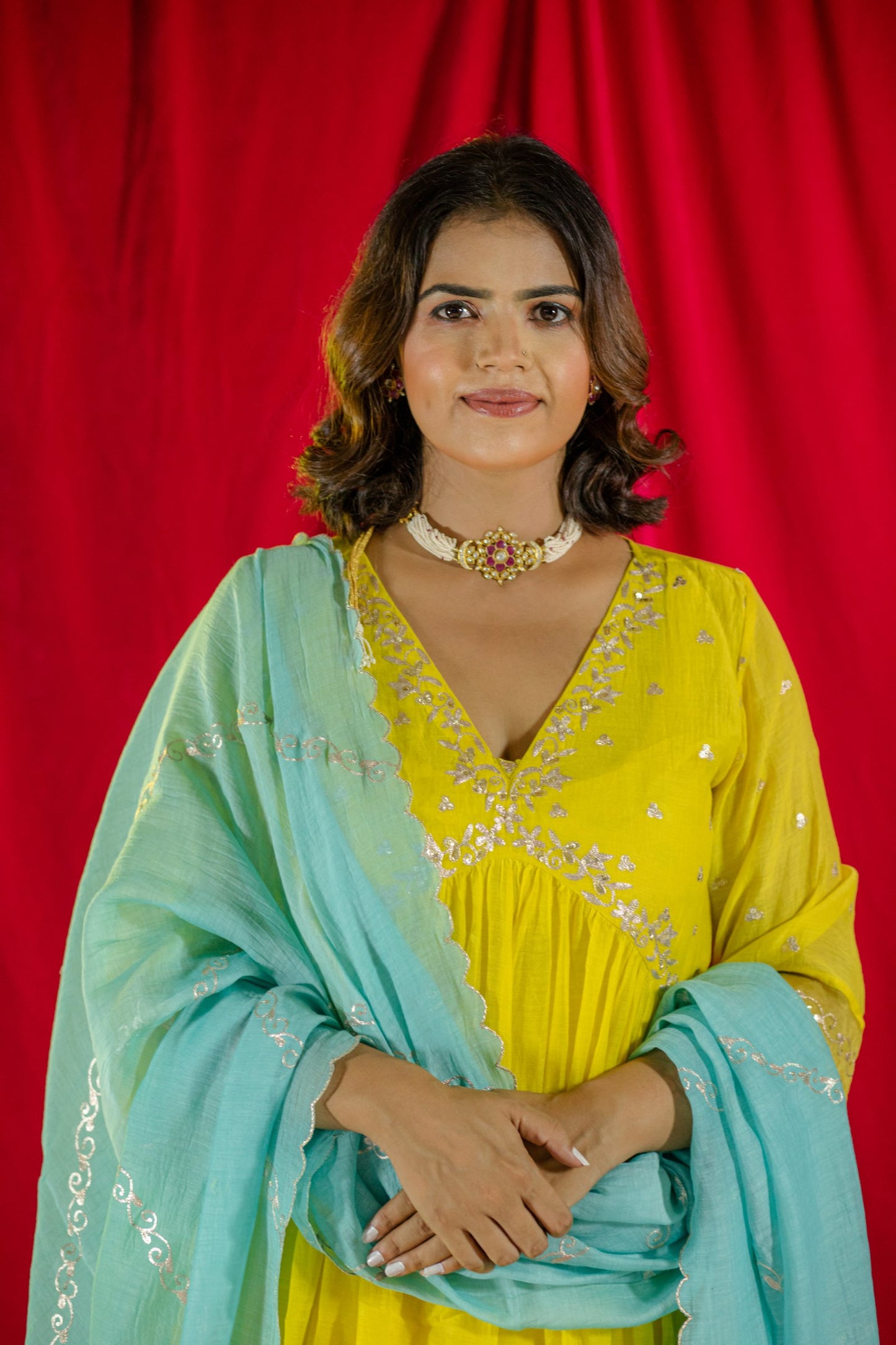 Yellow V Neck Kurta Set