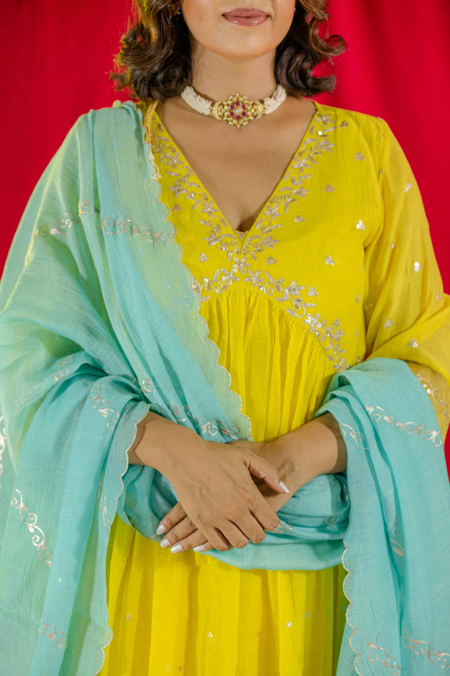 Yellow V Neck Kurta Set