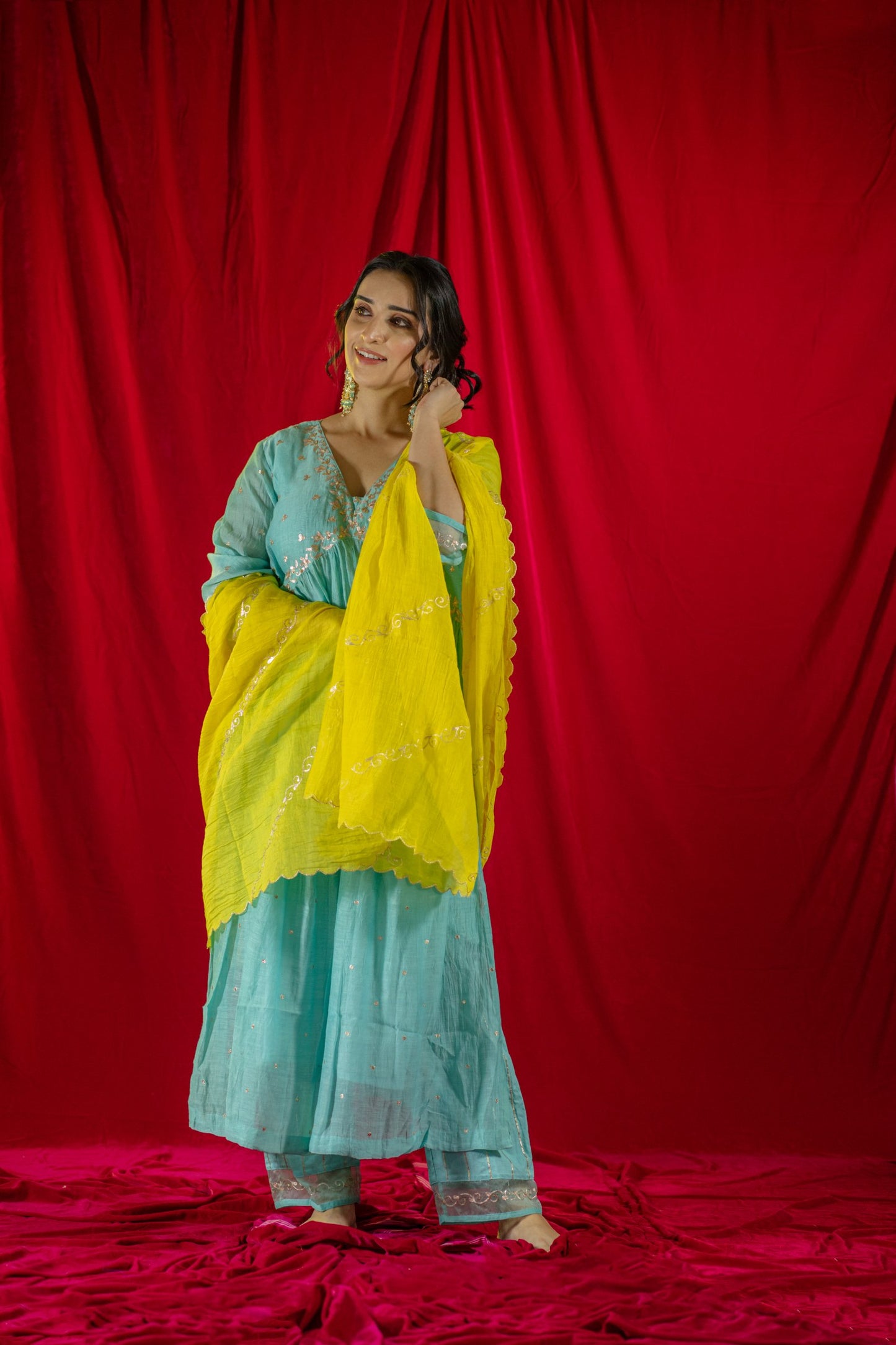 Light Blue V Neck Kurta Set