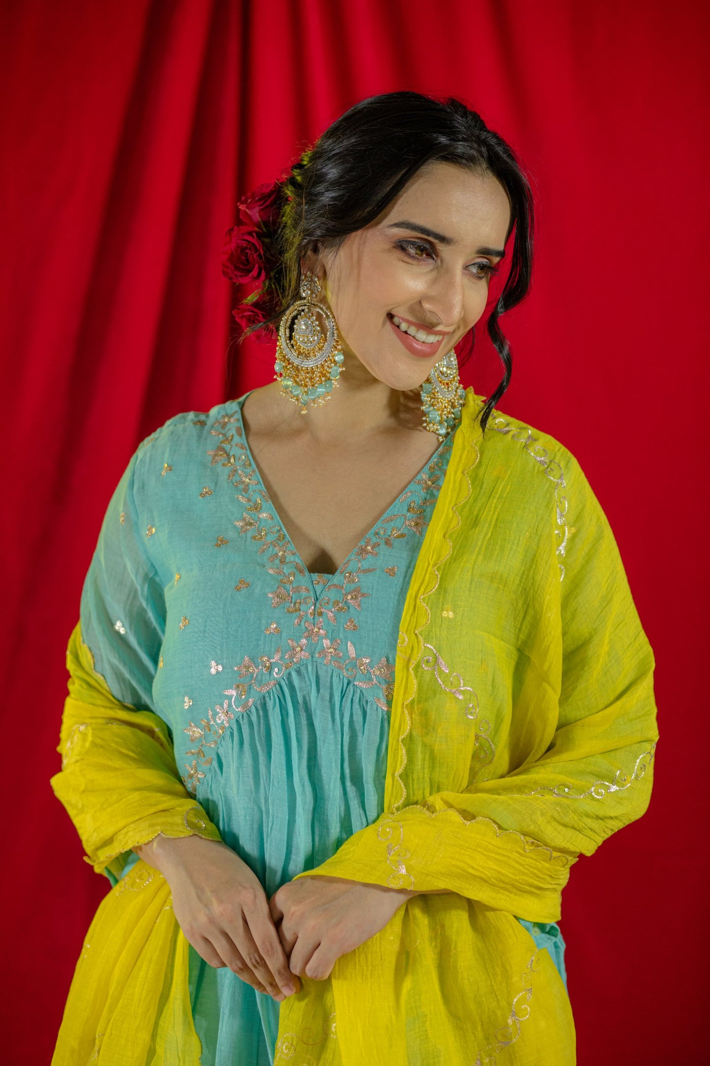 Light Blue V Neck Kurta Set