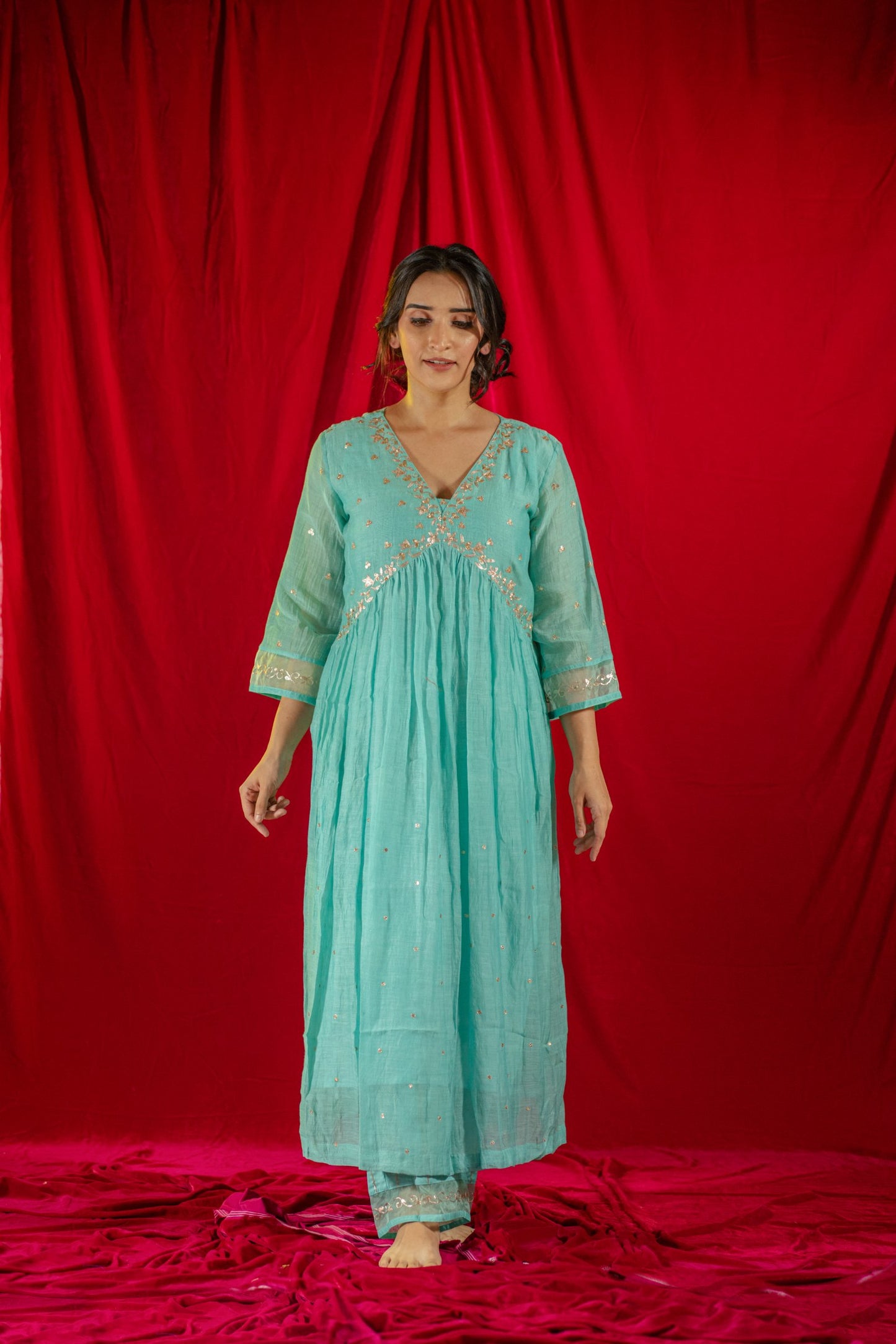 Light Blue V Neck Kurta Set
