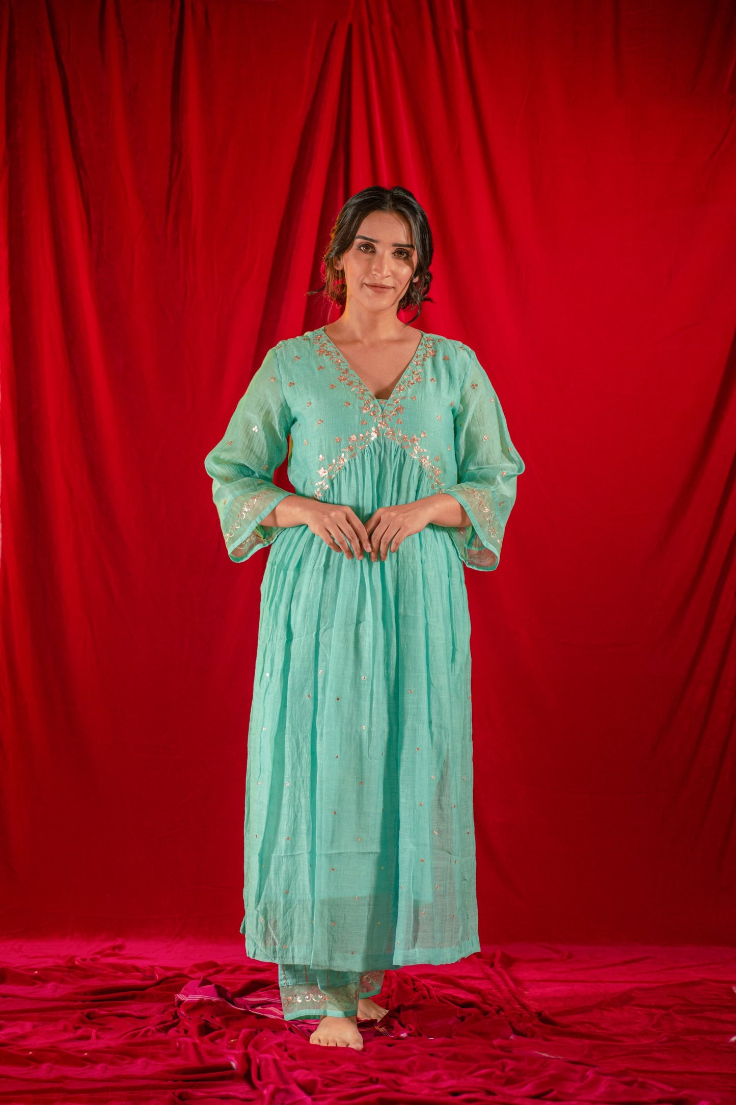 Light Blue V Neck Kurta Set