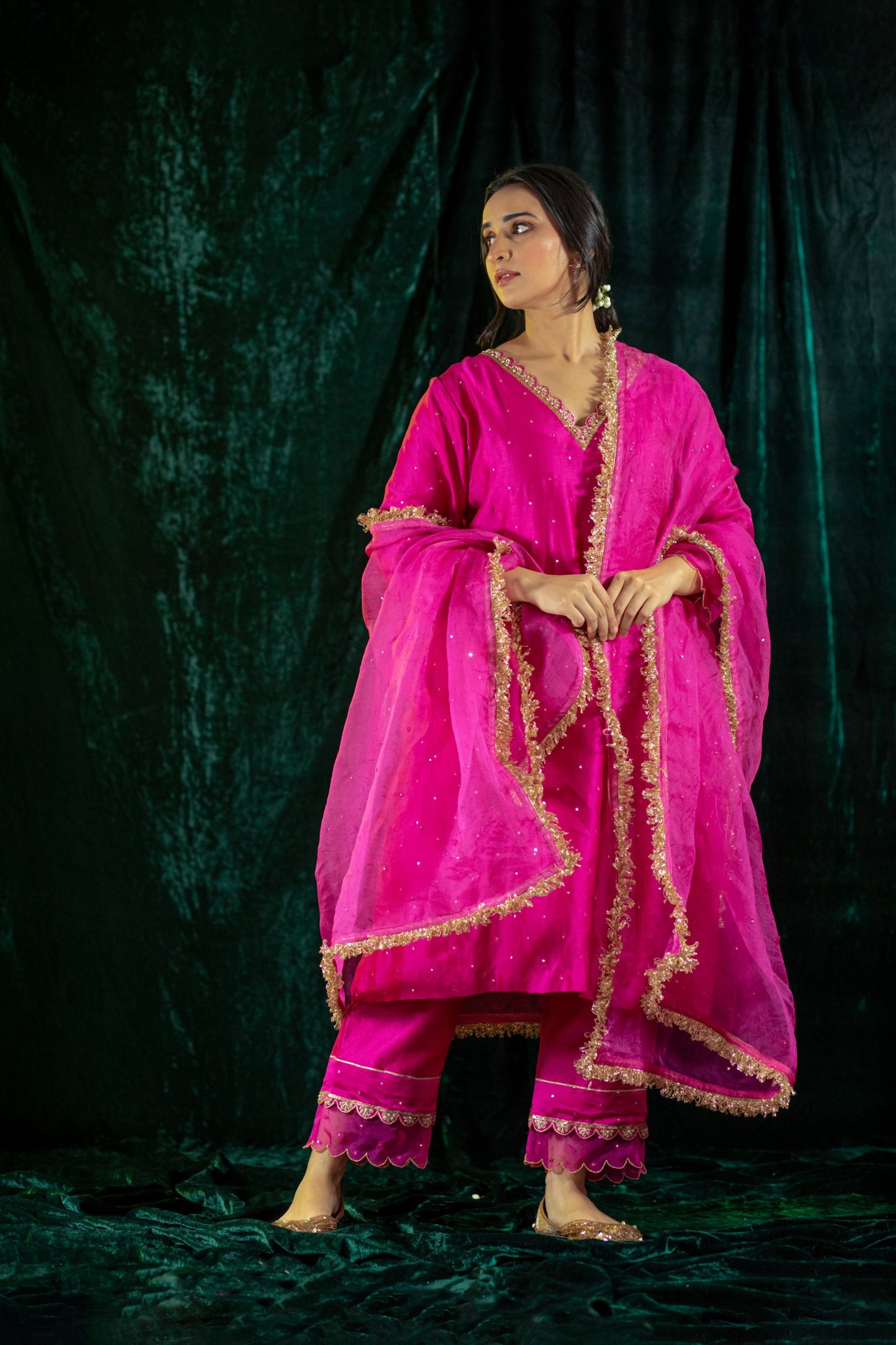 Fuschia Chanderi Kurta Set with pockets