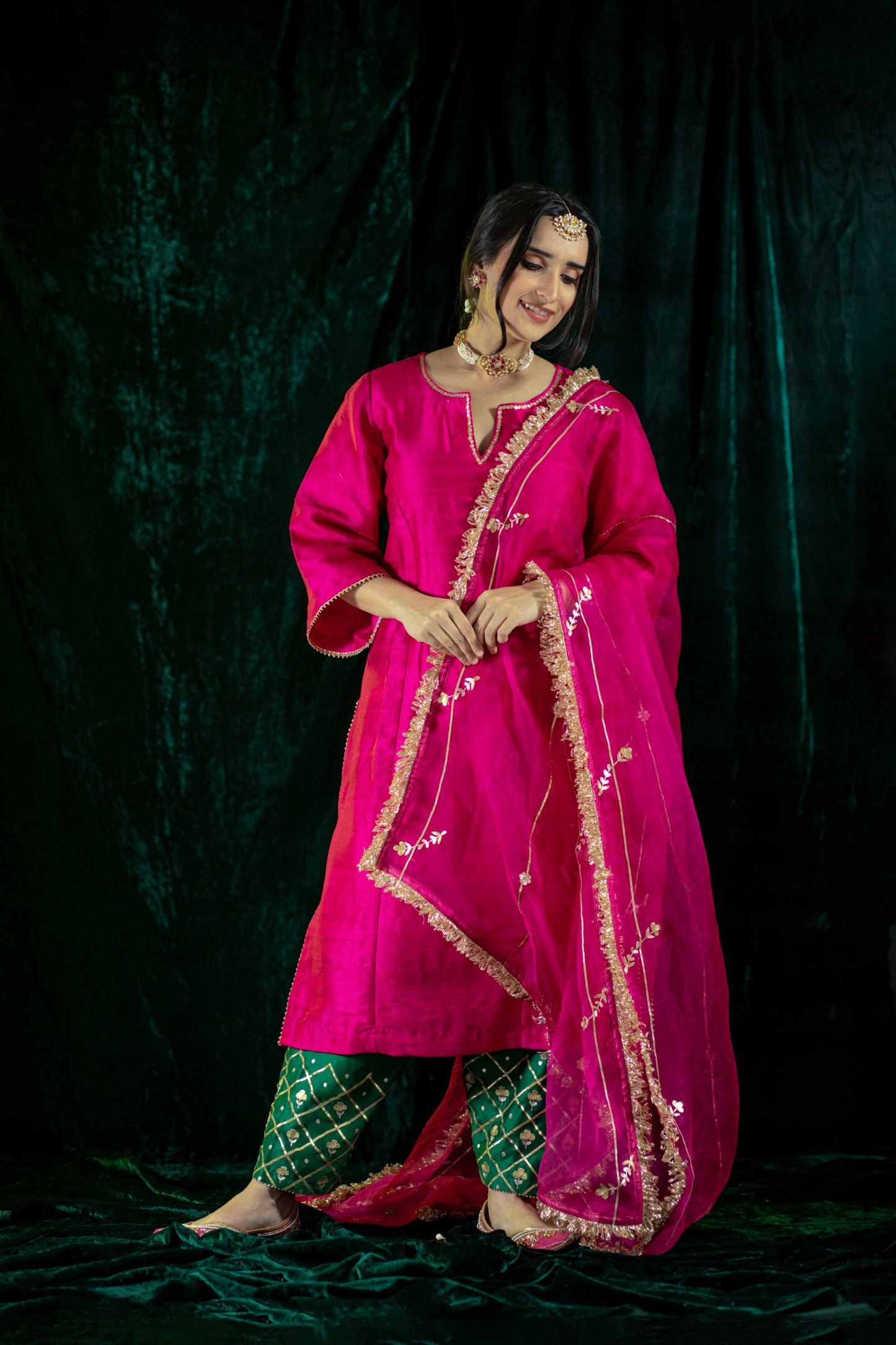Fuschia Green Contrast Silk Salwaar Set