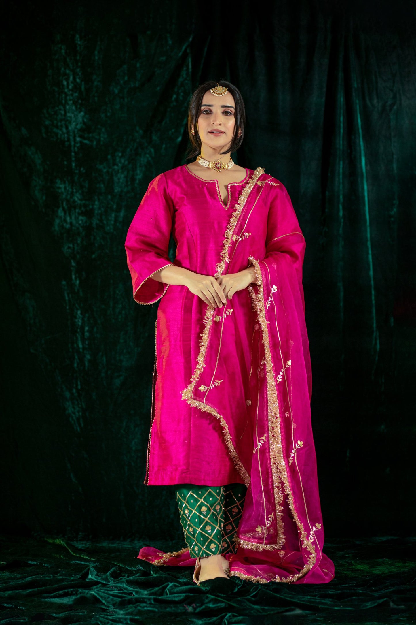 Fuschia Green Contrast Silk Salwaar Set