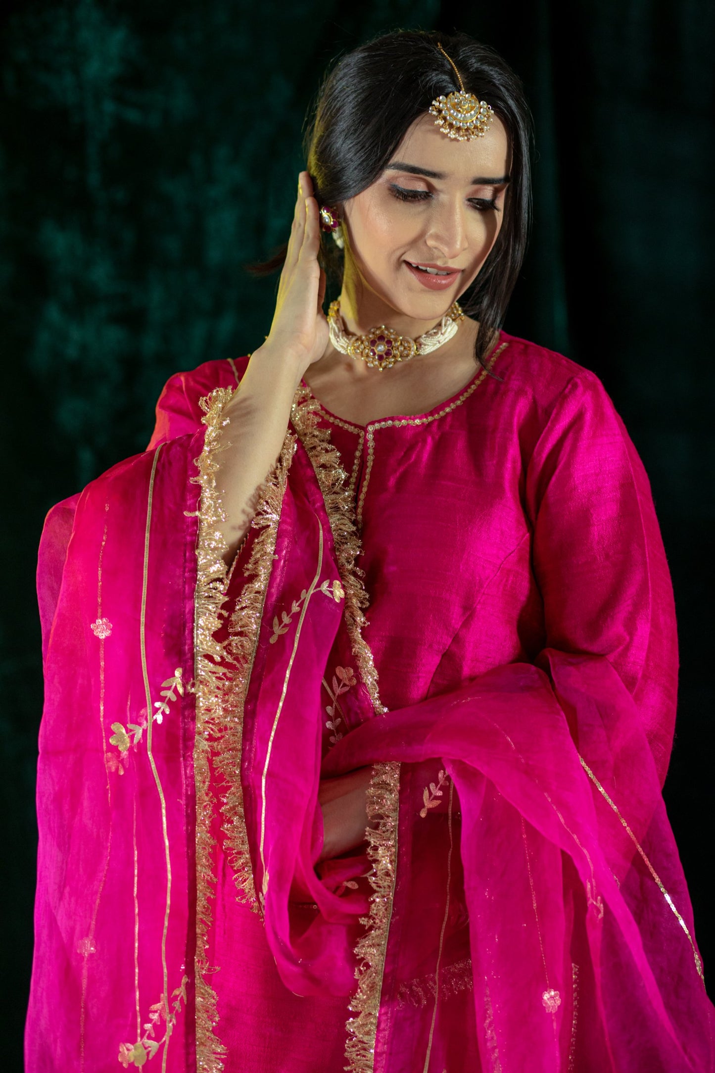 Fuschia Green Contrast Silk Salwaar Set