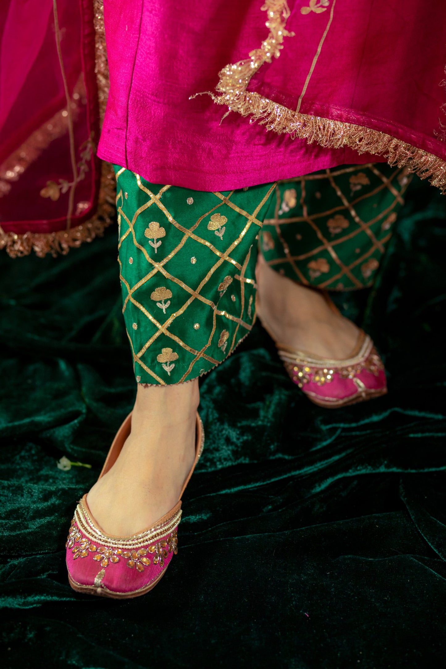 Fuschia Green Contrast Silk Salwaar Set