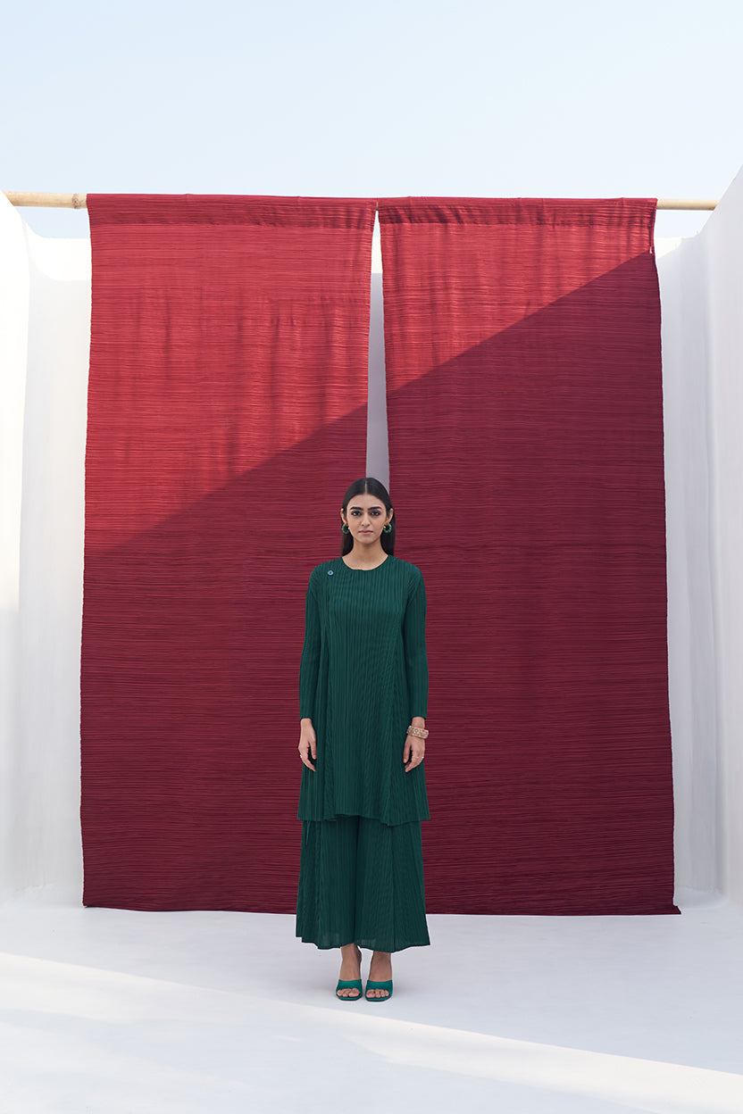 DARK GREEN FLAP BUTTON KURTI SET