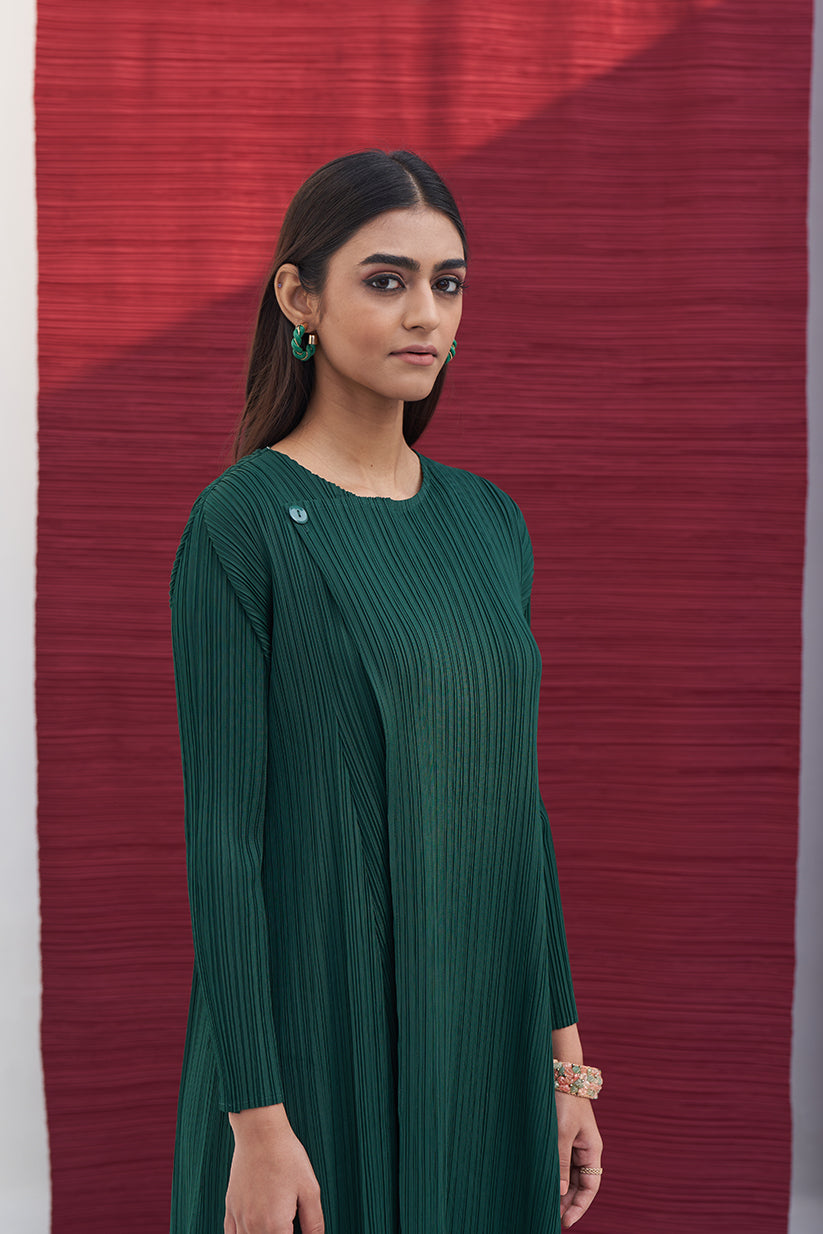 DARK GREEN FLAP BUTTON KURTI SET