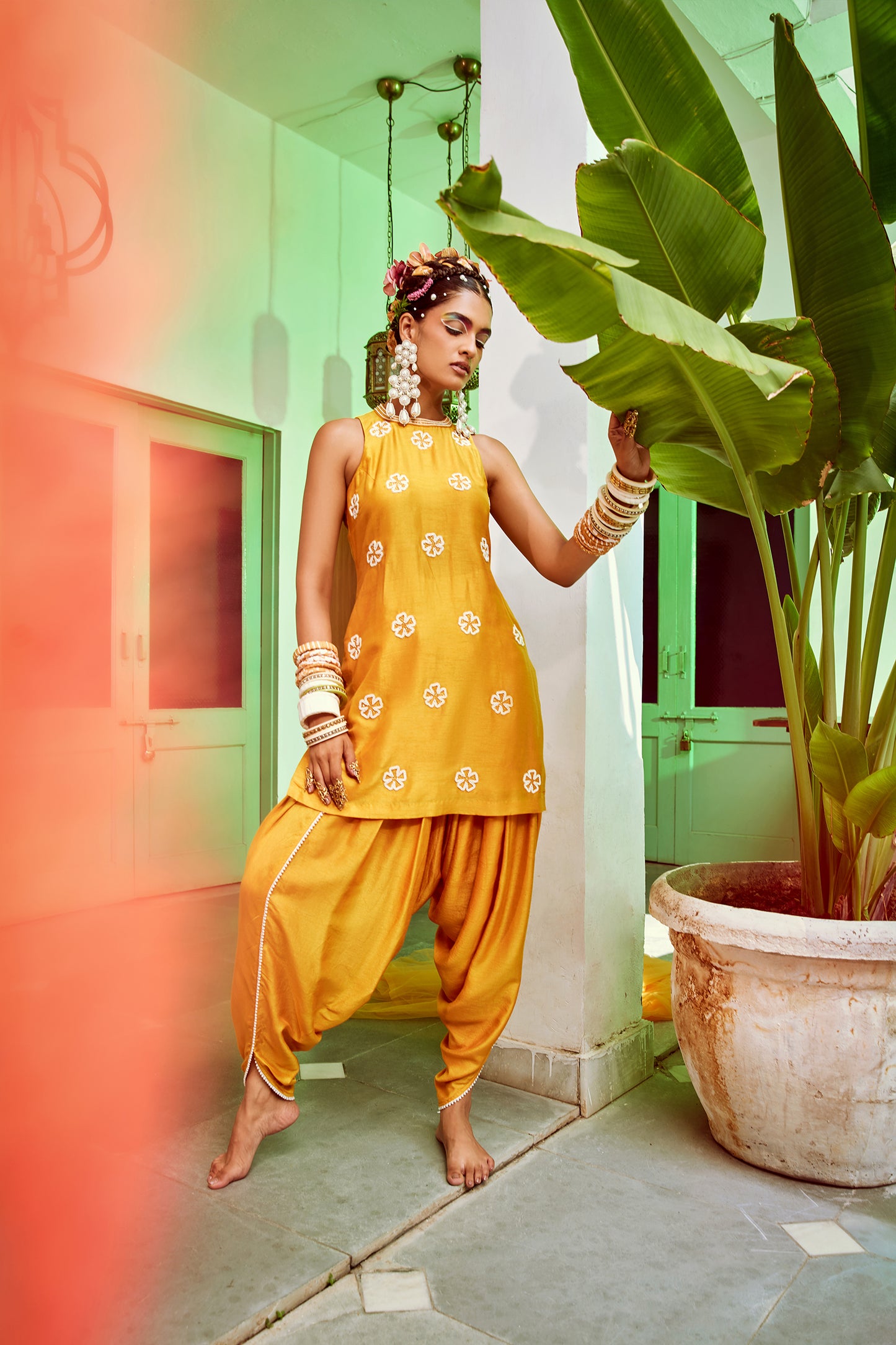 Mustard Short Kurta With Tulip Pant