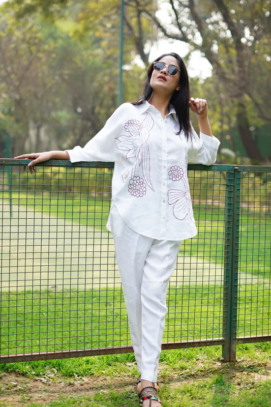 White Floral Embroidery Shirt