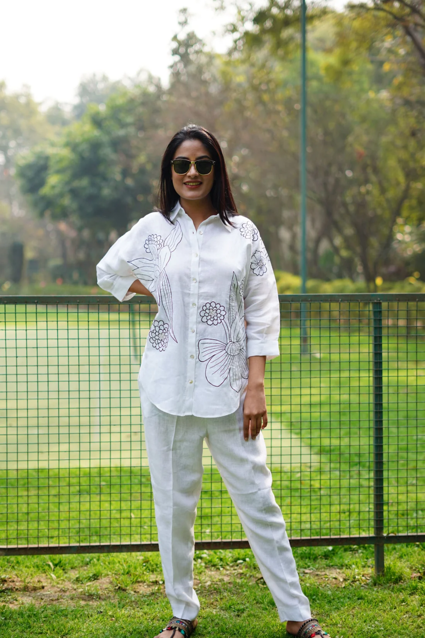 White Floral Embroidery Shirt