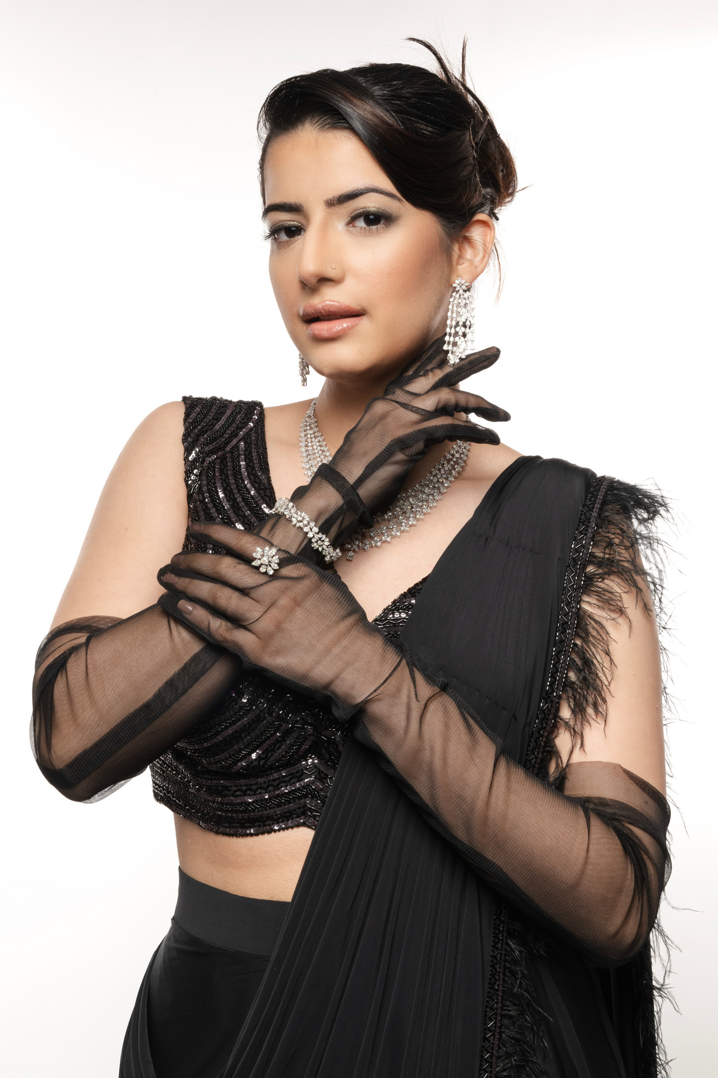 Black on Black Feather Draped Saree