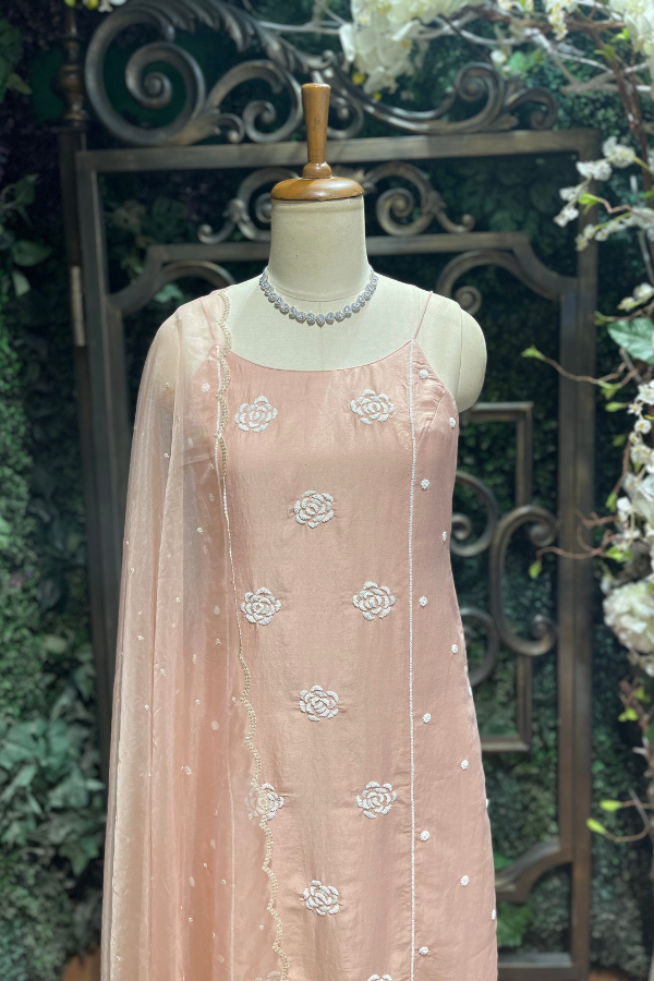 Pastel BrownEmbroidered Kurta Sharara Set