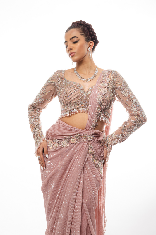 Dusty Pink Sequin Structured Draped Saree