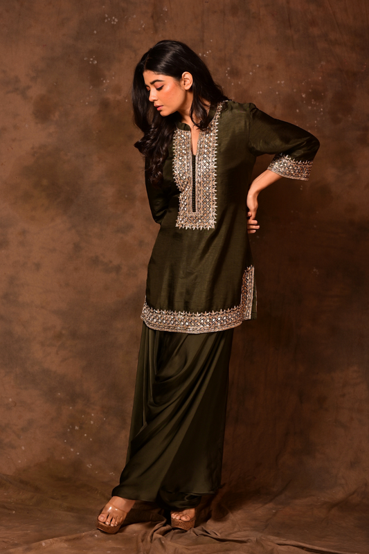 Olive Zardozi Short Kurta & Plazzo Set