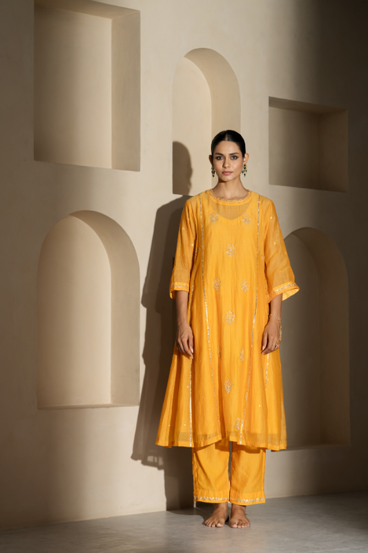 Mustard Dabka Embroidery Mulchanderi Kurta Set