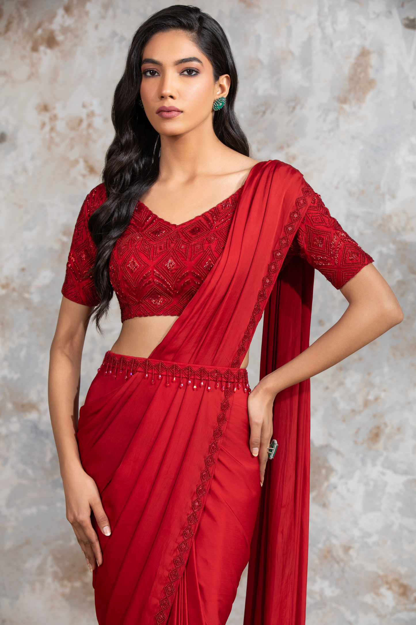 Crimson Red Satin Saree With Belt