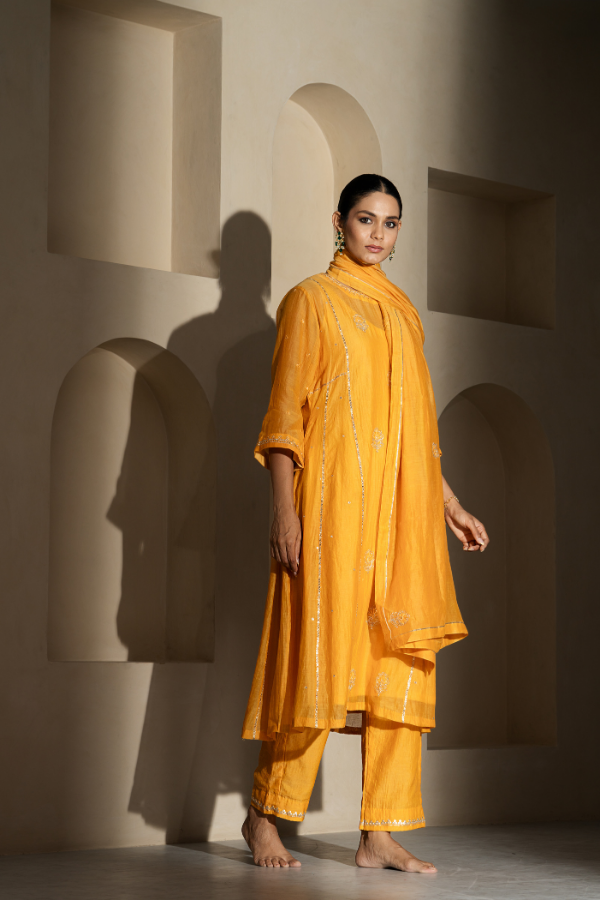 Mustard Dabka Embroidery Mulchanderi Kurta Set