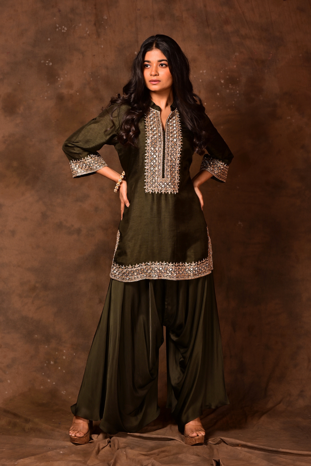 Olive Zardozi Short Kurta & Plazzo Set