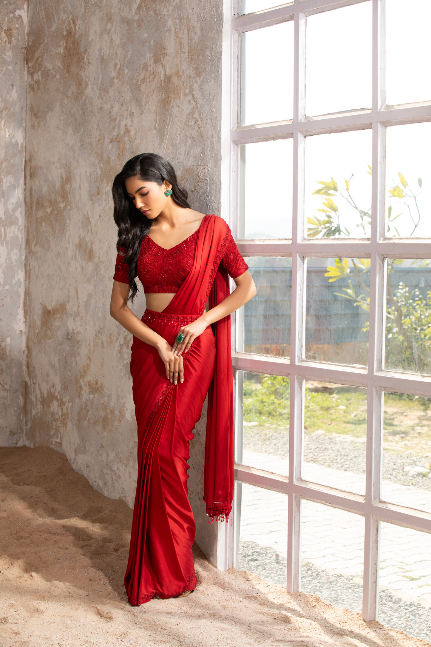 Crimson Red Satin Saree With Belt