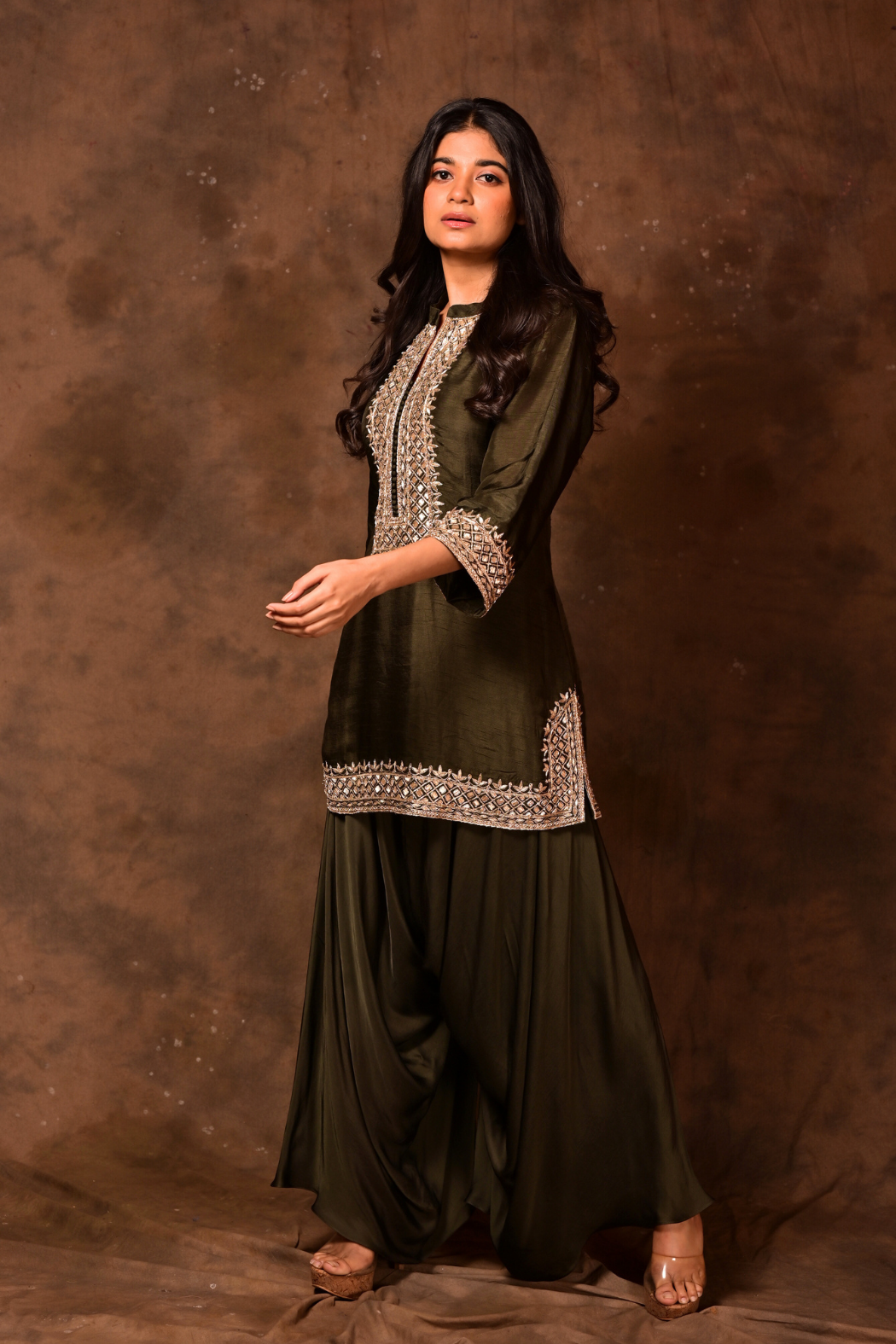 Olive Zardozi Short Kurta & Plazzo Set