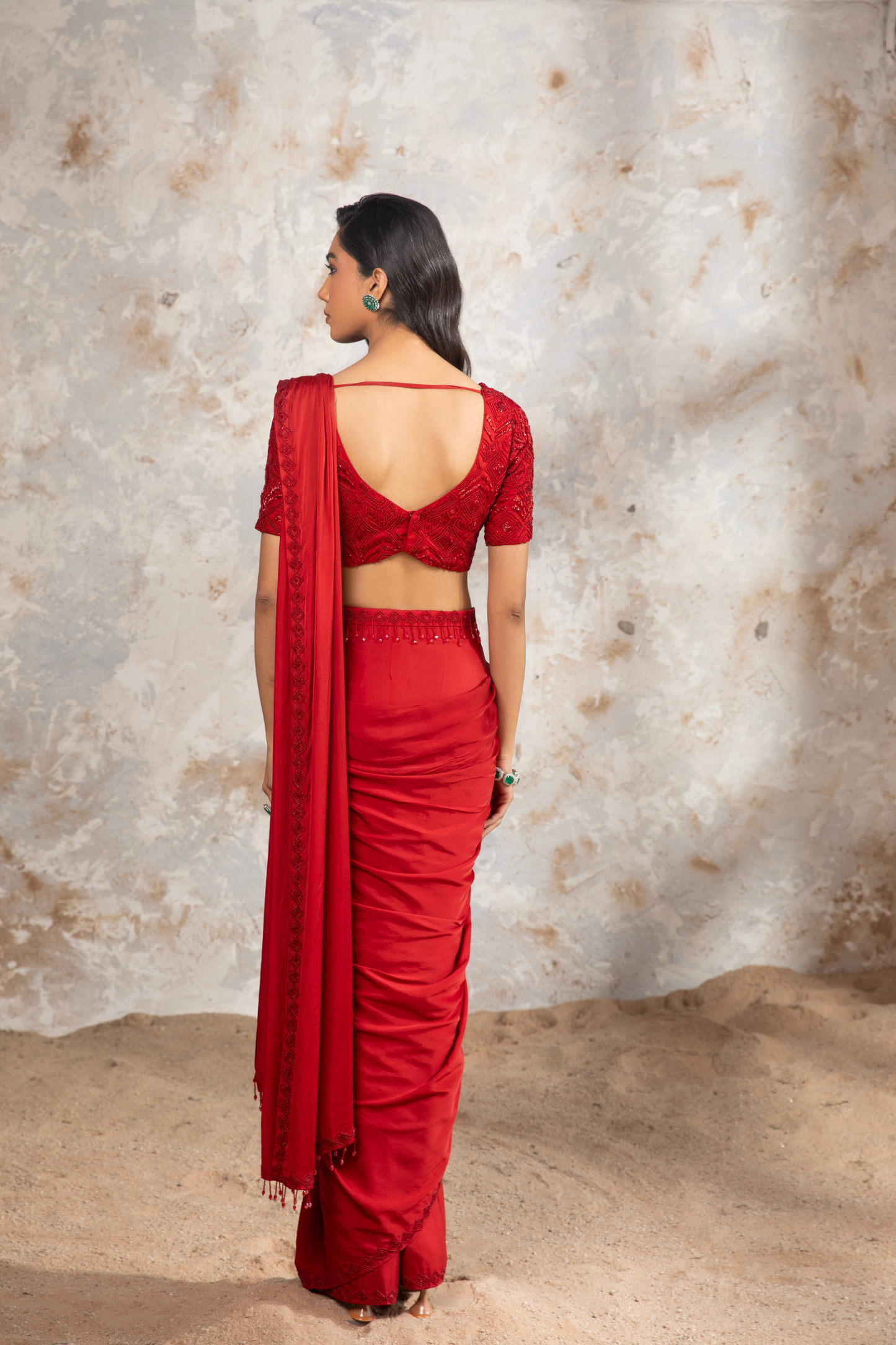 Crimson Red Satin Saree With Belt