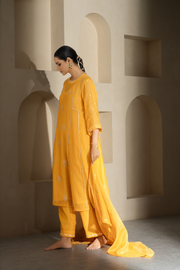 Mustard Dabka Embroidery Mulchanderi Kurta Set