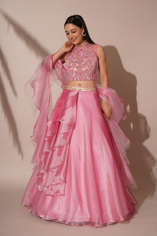 Beads Embroidered Pink Lehenga Set