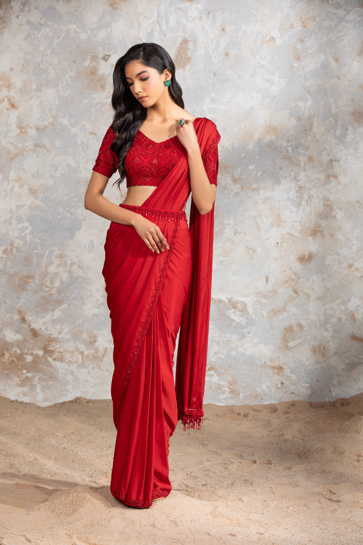 Crimson Red Satin Saree With Belt