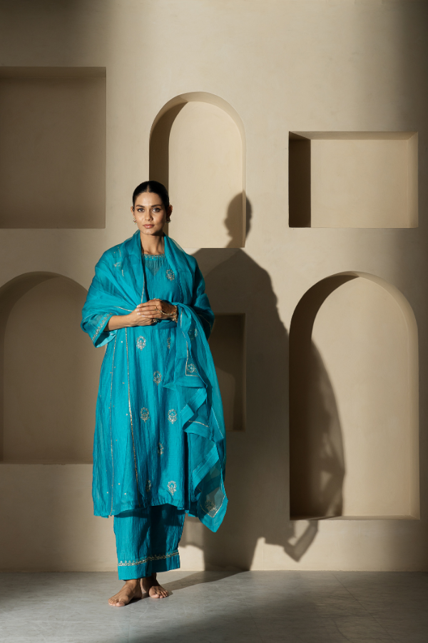 Turquoise Blue Gota Patti & Dabka Mulchanderi Kurta Set