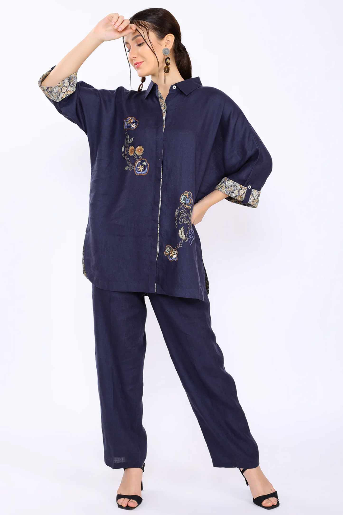 Navy Blue Embroidered Lunge Shirt