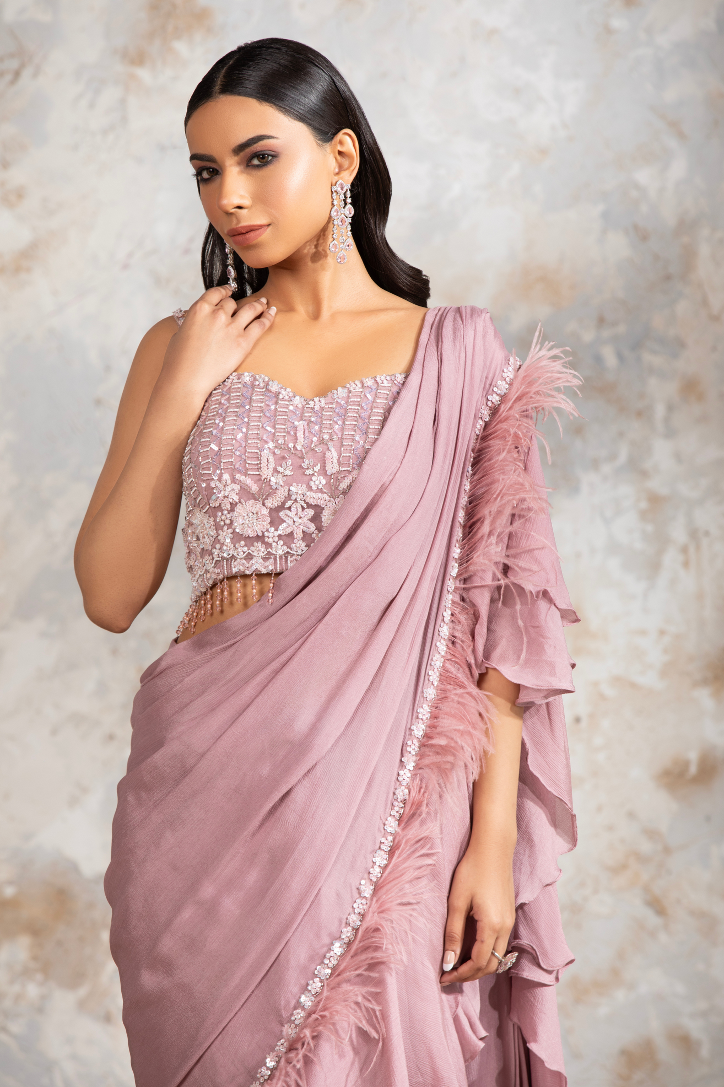 Dusty Pink Chiffon Ruffle Draped Saree